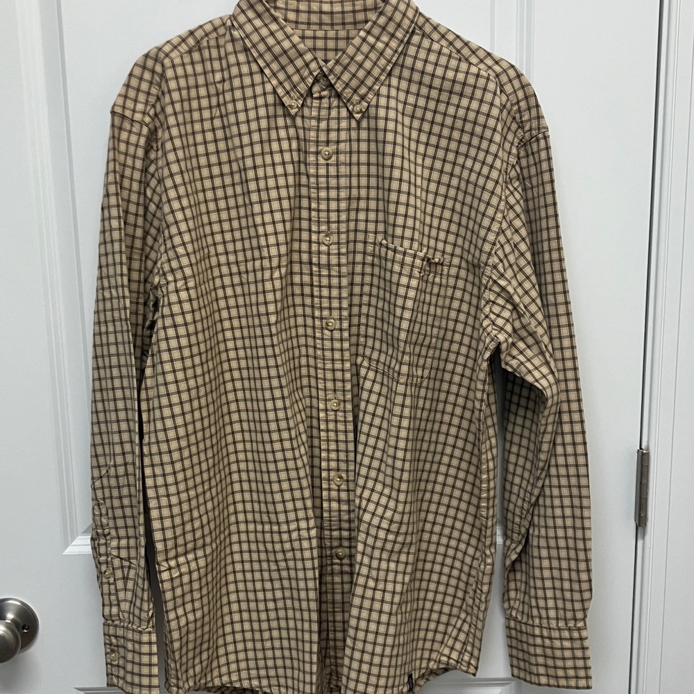 Izod Tan, Brown, Blue Plaid Long Sleeve Button Down Mens, Large